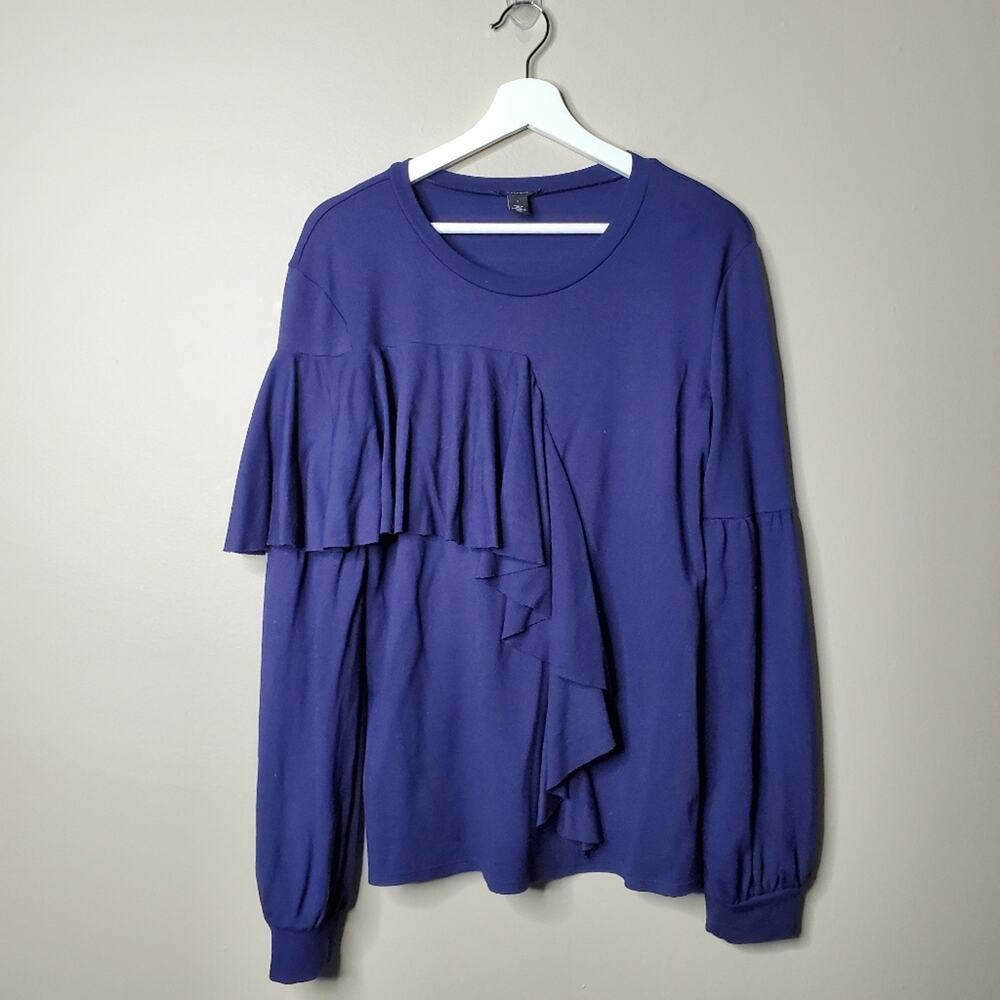 HALOGEN | Blue Ruffle Front Long Sleeve Top | S‎